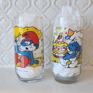 Vintage 1980s Smurfs Glass Set – Papa Smurf (1982) & Baker Smurf (1983) – Wallac